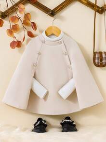 SHEIN Elladie kids Young Girl Beige Color Splice Button Cape Shawl Detail Ladylike Style Woolen Coat For Autumn And Winter