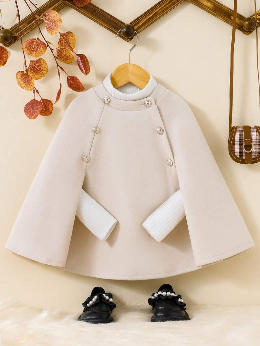 SHEIN Elladie kids Young Girl Beige Color Splice Button Cape Shawl Detail Ladylike Style Woolen Coat For Autumn And Winter