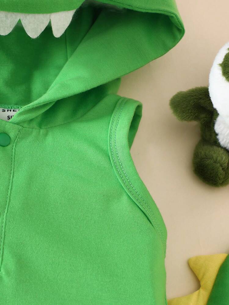 SHEIN 新生儿恐龙造型连体衣，可爱3D恐龙设计无袖连体衣 - 綠色 - 查看 6