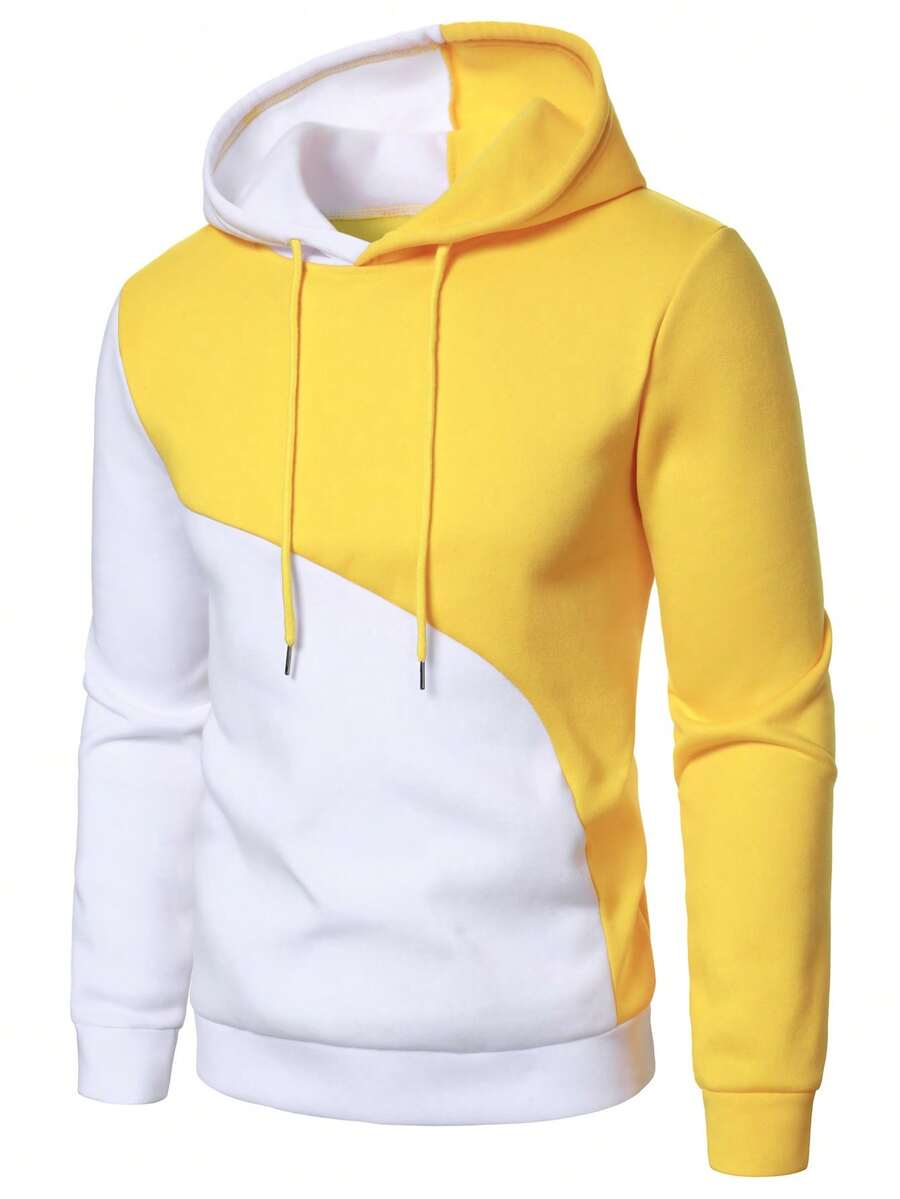 Manfinity Homme 男士撞色长袖休闲抽绳连帽卫衣 黄色连帽衫 男士休闲连帽衫 - 彩色 - 查看 1