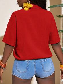 Slaydiva Áo sơ mi tay ngắn màu cam vải kết cấu mới cho mùa xuân/hè - Đỏ - Xem 2