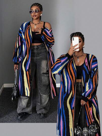 Maweii Femmes Cardigan Tricoté Multicolore à Col V, Manches Longues, Épaules Tombantes, Style Lâche, Imprimé Zébré Coloré, Confortable, Polyvalent, Idéal pour Sorties Décontractées, Vacances, Fêtes, Noël. Tailles Plus.
