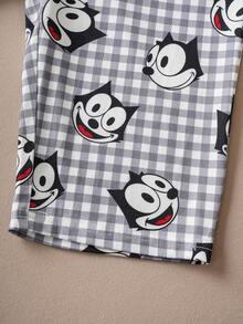 SHEIN Felix The Cat Baby Boy Plaid & Cartoon Print Button-Front Long Sleeve Top And Pants Pajama Set - Black and White - View 7