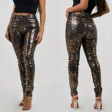 Jeans skinny mujer estampado de leopardo efecto vinil metálico tiro alto ajustado cinco bolsillos juvenil moderno ideal fiestas salidas outfits impactantes, Jeans ajustados efecto brillante con estampado animal print moderno, estilo atrevido y elegante para outfit de fiesta o streetwear - Marron GMY5956A - Ver 4