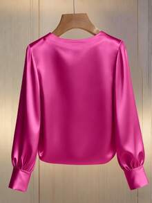 Franclia 女士优雅圆领珍珠装饰长袖T恤，适合通勤 - 玫紅色 - 查看 2