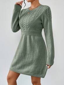 EMERY ROSE Đầm len chui đầu màu trơn, cổ chữ V, vai thẳng, tay dài, eo ôm, dệt kim kiểu cáp, thoải mái. - Màu xanh Ô liu - Xem 6