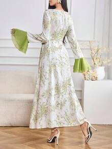 Modelyn Vestido midi elegante con cintura ceñida, mangas con volantes y estampado floral con lazo en la cintura, adecuado para fiestas y vacaciones - Blanco - Ver 3