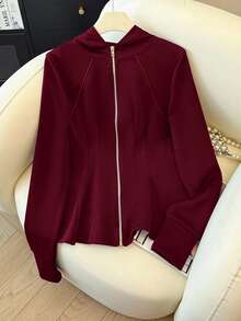 SHEIN Franclia Áo khoác nỉ nữ kiểu dáng thường ngày có khóa kéo và thắt eo, áo peplum mùa thu cho nữ, áo màu đỏ rượu vang cho nữ, áo kiểu thanh lịch cho nữ. - Đỏ - Xem 3