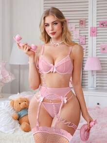 SHEIN 5pcs/Set Sexy Lace & Mesh Lingerie Set For Women (Includes Underwire Bra, G-String, Waist Belt, 2pcs Fishnet Stockings) - Pink - View 4