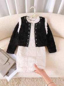 SHEIN Elladie kids 两件套女童可爱白色爱心图案无袖毛绒外套搭配时尚舒适的毛绒连衣裙，秋冬装 - 黑色 - 查看 6