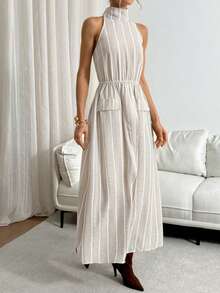 Siren Gaze Siren Gzae Women's Striped Split Hem Halter Long Dress,Elegant Light Beige Summer Chic Everyday Casual Outfits,Classy Terno Co Ord Outfit For Women - Apricot - View 8