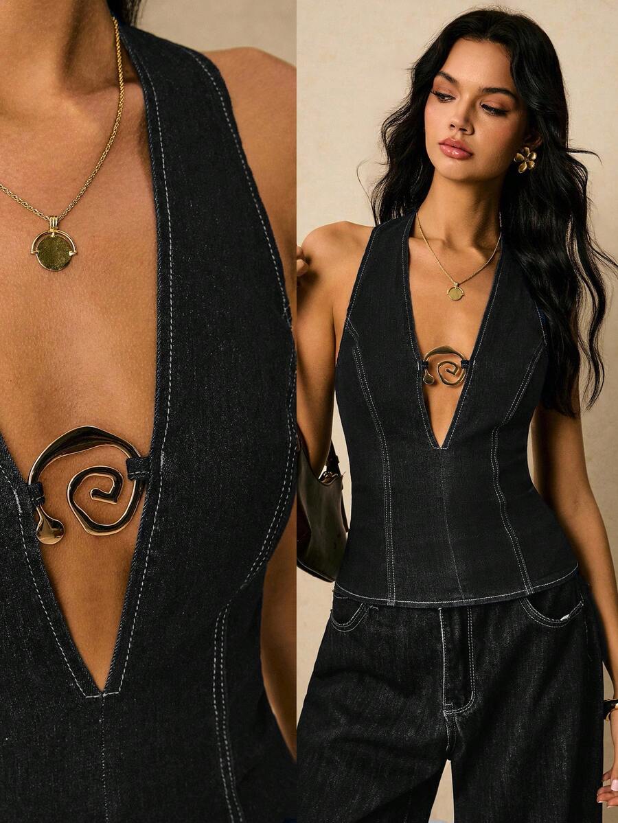 Poéselle New Arrival Women's Denim Tops Autumn Halter Neck Metal Decorative Buckle Tight Tops Daily Travel Party Wear French Elegant Style - Black - View 1