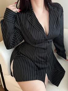 Vibekara Plus Size Women Striped Lapel NeckLong Sleeve Single-Breasted Casual Shirt - Black - View 1