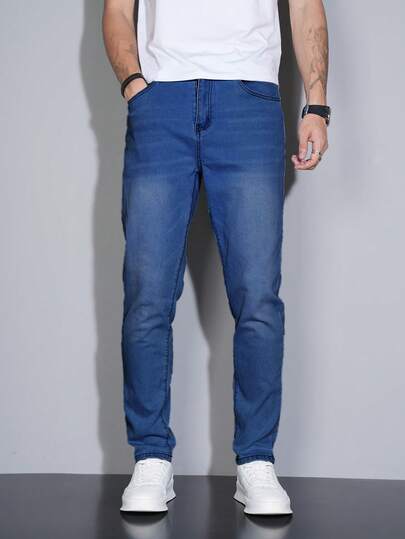 Manfinity Homme Jeans vaqueros clásicos de corte slim y color azul oscuro, versátiles y casuales, para hombres de talla grande