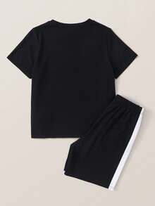 2pcs Tween Boy Black And White Patchwork Top And Shorts Set,College Style Summer Casual City Break Outfit For School,Commuting,Daily Wear And Sports - Black and White - View 4