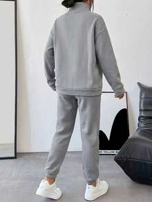 Half Zipper Drop Shoulder Sweatshirt Set With Jogger Pants,Winter,Fleeze - Light Grey - View 2