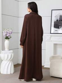 Seusyu Váy nữ thanh lịch màu trơn có cổ bẻ, khóa kim loại trang trí và viền xòe, tay dài - màu nâu - Xem 3