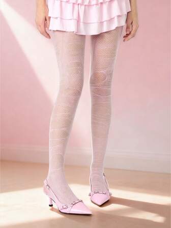 Kawaii 1 par de calcetines de red de color blanco sólido + 1 par de medias rosas, conjunto de estilo "Baddie" Y2K, adecuado para el uso diario en la calle