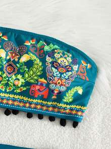 Swim Vcay 两件套女士夏季沙滩装，包括无肩带带垫上衣和波西米亚风比基尼泳裤，适合节日波西米亚风穿着。 - 水鴨藍 - 查看 5