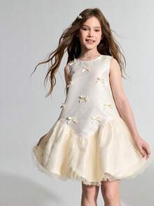 Maija Kids Maija Kids Elegant Sleeveless Bow Decor Floral Bud Dress For Teen Girls - Apricot - View 4