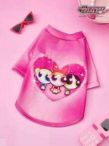 THE POWERPUFF GIRLS X PETSIN 1件可爱大眼睛女孩三人组卡通印花宠物T恤 玫瑰红 亲肤透气宠物服装 - 玫紅色 - 查看 2