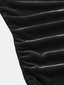 SHEIN Tween Girls Solid V-Neck Sleeveless Ruched Waist Velvet Elegant Party Dress Slim Mermaid Halter Neck Dress, For Christmas Party - Black - View 4