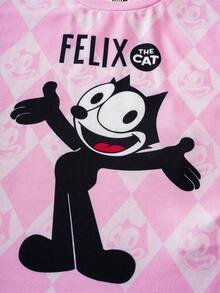 Felix The Cat X SHEIN Young Girl Casual Daily Commute School Style Funny Cartoon Letter & Diamond Plaid Print Short Sleeve T-Shirt, Summer - Pink - View 4