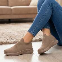 Mujer Zapatillas Deportivas Slip On De Tejido De Punto Transpirable Tipo Calcetín Suela Gruesa Caqui - Caqui - Ver 5