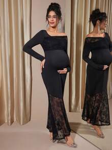 Momance 孕妇露肩蕾丝拼接时尚派对假日长袖美人鱼连衣裙 - 黑色 - 查看 2