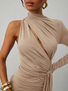 Hauture 低调端庄性感休闲高领不对称单肩镂空腰带迷你连衣裙 - 杏色 - 查看 6