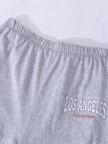 Teen Girls' Glittery "Los Angeles" Cold-Shoulder 2-Piece Set Stylish Gray Long-Sleeve Top (With Off-Shoulder Detail) + Wide-Leg Pants: Shimmer Fabric Adds Flair; "Los Angeles" Graphic Boosts Casual Coolness. Soft, Stretchy Material Ensures All-Day Comfort-Perfect For Mall Trips, School Events, Weekend Hangouts, Or Casual Parties; Versatile, Eye-Catching - Multicolor - View 4
