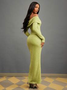 NYA SZN Vestido de hombros descubiertos de manga larga con herrajes, ajustado y entallado de punto acanalado, de punto, verde, para fiestas navideñas, Año Nuevo, eventos y fiestas, de lujo y elegante, de largo maxi para mujeres - Verde - Ver 2