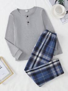 Tween Boy 棕色纯色舒适格子两件套睡衣套装（长裤和长袖） - 彩色 - 查看 6