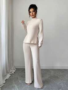 SHEIN PETITE Women's Stand Collar Ribbed Split Design Long Sleeve Top And Wide Leg Pants Casual Vacation Outfit, Autumn/Winter - Apricot - View 4