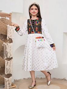 SHEIN Tween Girl Woven Print Patchwork Foil Polka Dot Pullover Dress With Delicate Tassel Mini Crossbody Bag, Suitable For Travel, Vacation, Countryside Style, Casual Resort, Boho, Kids Arabic Dress, Long Dresses For Girls,Kids - Multicolor - View 5