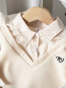 SHEIN Young Girl Letter Embroidery Striped Patchwork Shirt Collar Casual Sweatshirt - Apricot - View 6