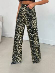 EURMUSE 100% Cotton MID RISE WIDEEG CUT LEOPARD PETITE JEAN - Multicolor - View 4