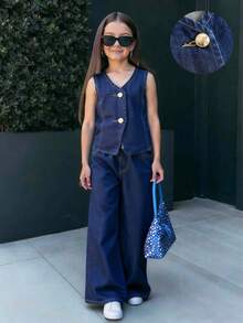 SHEIN Firerie Kids 2件套女童藏蓝色牛仔无袖背心和宽松裤 - 深色水洗藍 - 查看 10