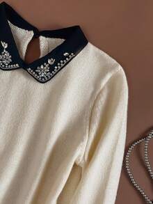 Franclia Petite Women's French Style Autumn Knitwear,Black And Beige 2 In 1 Lapel Pullover Sweater With Diamond Embellishments,Slim-Fitting Ellegant Dining Top ,Petite Women - Beige - View 4