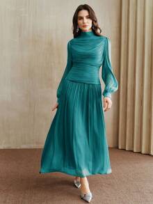 Anewsta Nuevo vestido elegante con cuello fruncido y manga larga para mujeres, adecuado para otoño, invierno, primavera, Año Nuevo, fiesta, boda, elegante, chic, con estilo, Navidad, salir - Turquesa - Ver 5