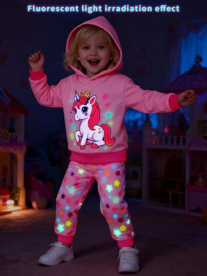 SHEIN Young Girls Sweatshirt Set, Cute Glow-In-The-Dark Unicorn Design Long Sleeve Top And Pants, Back To School Outfit