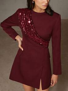 Aveloria Rosie Váy dạ hội tay dài đính sequin chắp vá thời trang, phong cách châu Âu đa năng cho mùa thu/đông - Màu Đỏ Sâu - Xem 5