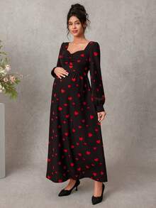 Momance Maternity Heart Print Ruffle Neck Long Sleeve Elegant Dress - Beige - View 3