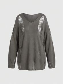 ROMWE Grunge Punk Áo chui đầu dệt kim mỏng vừa vặn cỡ lớn, đa năng cho mùa xuân - Màu xám đen - Xem 2