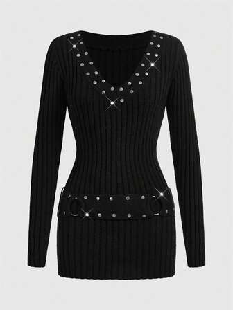 Grunge Punk pull en laine à col en V profond, ceinture à rivets bronze, style grunge rock pour femmes