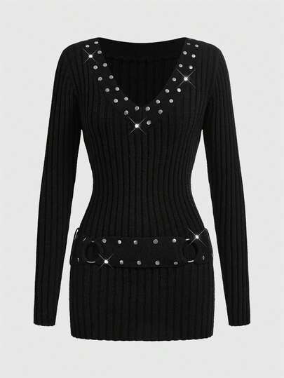 Grunge Punk Suéter de mujer con cuello en V profundo, remaches de bronce en la cintura y estilo grunge rock