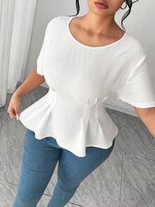 SHEIN Elenzya 大码女式纯色优雅腰部设计露背系带上衣，百搭 - 白色 - 查看 4