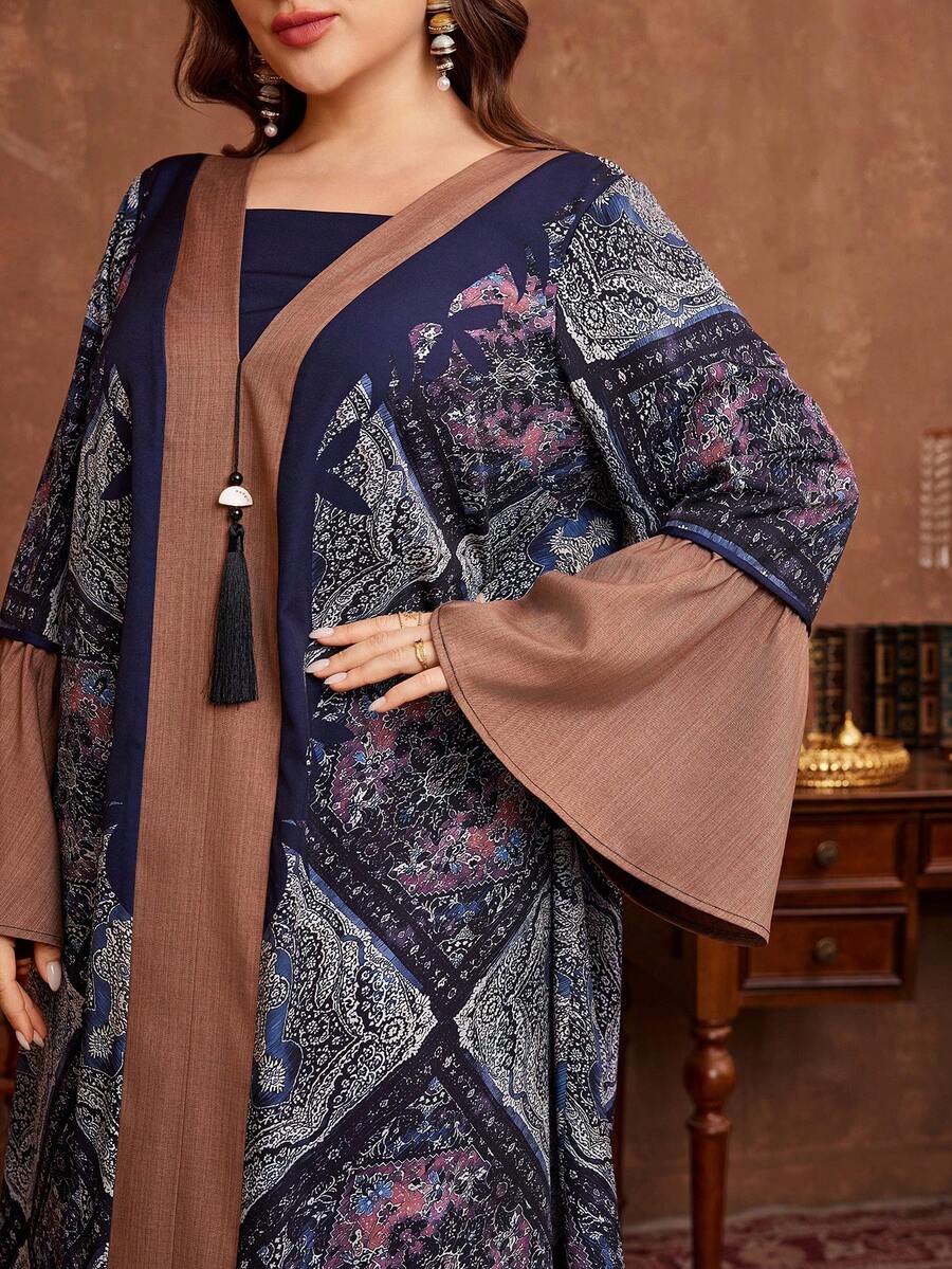 Al Najma 大码女式印花拼接喇叭袖长款宽松连衣裙 - 彩色 - 查看 1