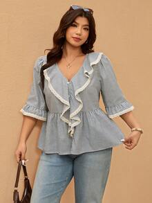 Elaquor Plus Size Women Casual Striped Patchwork Ruffle Trim Loose Blouse, Versatile For Spring/Summer Ruffle Blouse Ruffled Top Casual Blouses For Women Western Tops For Women Spring Outfit Women Spring Set For Women - Multicolor - View 4