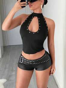 Jeanoix Y2K 时尚休闲铆钉装饰低腰涂层短裤 - 黑色 - 查看 7